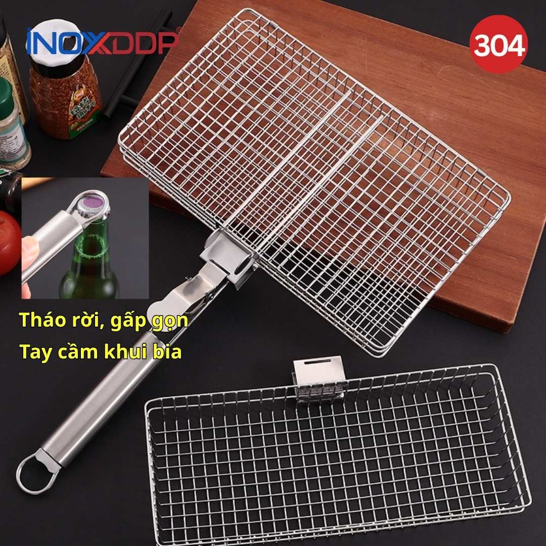 Vĩ Nướng Inox 304 Chuyên Nướng Gà Vịt BBQ, Tay Cầm Rời Gấp Gọn 