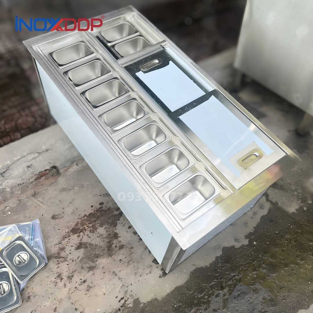 Thùng Đá Inox 304 Âm Quầy Có 9 Khay Topping, KT 500x1000x400
