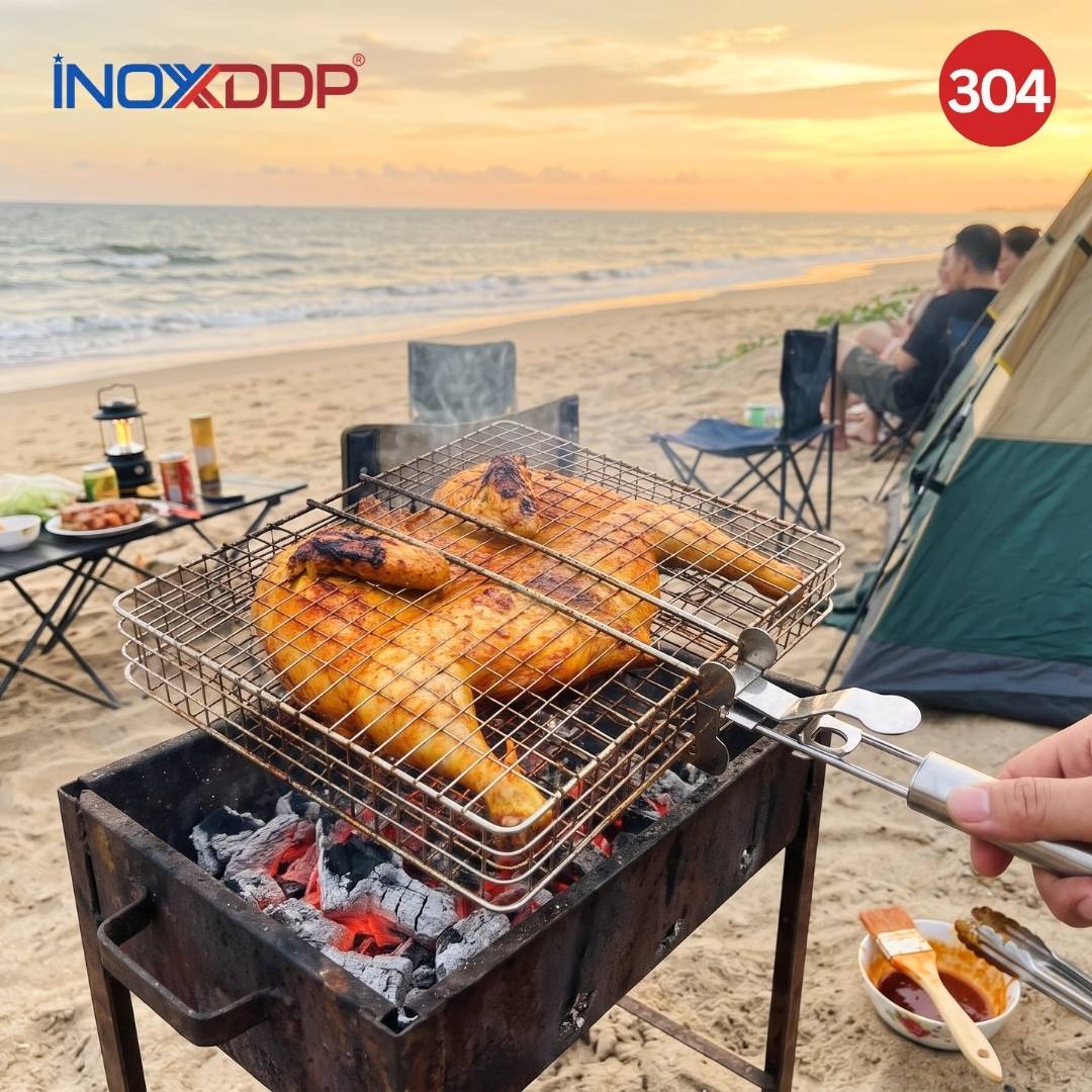 Vĩ Nướng Inox 304 Chuyên Nướng Gà Vịt BBQ, Tay Cầm Rời Gấp Gọn 