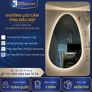 Gương Led cảm ứng, hình giọt nước, Phôi kính Bỉ 7 lớp, Bảo Hành 3 năm