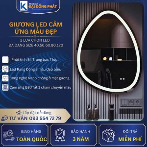 Gương Led cảm ứng, hình viên đá, Phôi kính Bỉ 7 lớp, Bảo Hành 3 năm