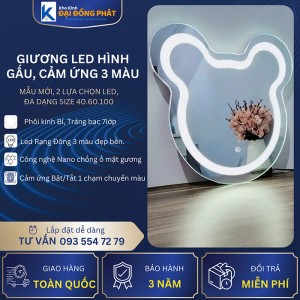 Gương Led cảm ứng, hình mặt gấu, Phôi kính Bỉ 7 lớp, Bảo Hành 3 năm