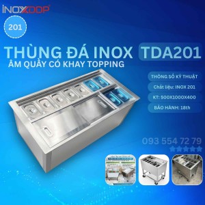 Thùng đá inox 201 âm quầy, kích thước 500x1000x400, 3 lớp giữ nhiệt, có 8 khay GN1/9