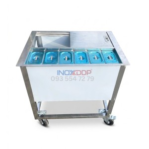 Thùng đá inox 304 có 6 khay topping, khung chân bánh xe đẩy linh hoạt, INOXDDP