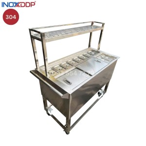 Thùng đá inox 304 kèm quầy di dộng, 10 khay topping, có kệ trên để đồ, INOXDDP