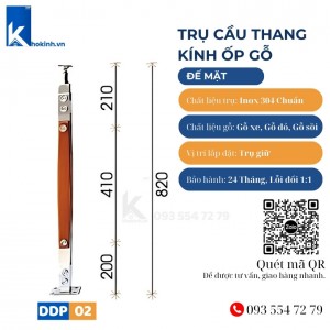 Trụ Xỏ Cầu Thang Kính Inox 304 Ốp Gỗ, Đế mặt, DDP02
