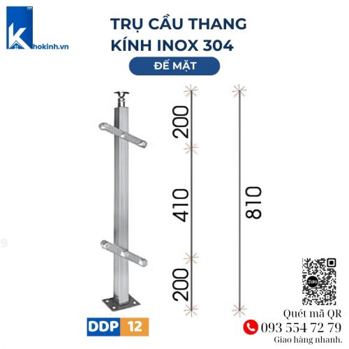 Trụ Vuông Inox 304, Lan can cầu thang kính, Đế Mặt, DDP12