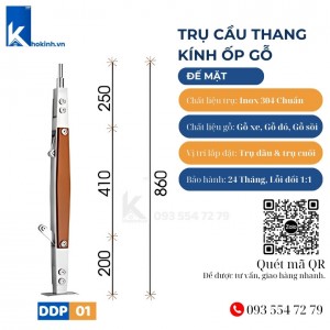 Trụ Cầu Thang Kính Inox 304 Ốp Gỗ, Đế mặt, DDP01
