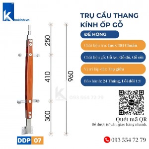 Trụ Cầu Thang Kính Inox 304 Ốp Gỗ Đế Hông, Cao 920, DDP07